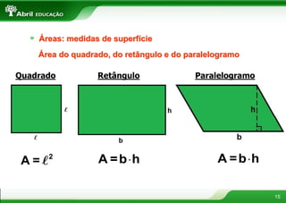 15
Áreas: medidas de superfície
Área do quadrado, do retângulo e do paralelogramo
Quadrado Retângulo Paralelogramo

A =b h 
A =b h
2
A = l
 