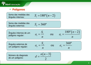 8
Polígonos
Soma das medidas dos
ângulos internos:
 
180º 2
i
S n
 
Soma das medidas dos
ângulos externos:
360º
e
S 
Ângulos internos de um
polígono regular:
 
180º 2
ou
i
i i
n
S
a a
n n

 
Ângulos externos de
um polígono regular:
360º
ou
e
e e
S
a a
n n
 
Número de diagonais
de um polígono:
 
3
2
n n
d


 