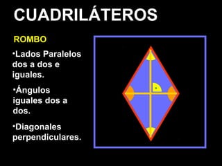 CUADRILÁTEROS
ROMBO
•Lados Paralelos
dos a dos e
iguales.
•Ángulos
iguales dos a
dos.
•Diagonales
perpendiculares.
 