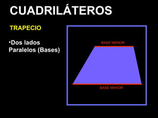CUADRILÁTEROS
TRAPECIO
•Dos lados
Paralelos (Bases)
BASE MAYOR
BASE MENOR
 