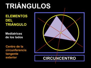 Mediatrices
de los lados
CIRCUNCENTRO
TRIÁNGULOS
ELEMENTOS
DEL
TRIÁNGULO
Centro de la
circunferencia
tangente
exterior
 