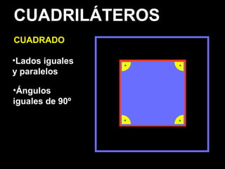 CUADRILÁTEROS
CUADRADO
•Lados iguales
y paralelos
•Ángulos
iguales de 90º
 