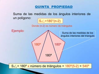   Ángulos centralesSEGUNDA PROPIEDADA partir de un vértice de un polígono, se pueden trazar (n-3 ) diagonales.Ejemplo:diagonaldiagonalND = (n-3) = (5-3) = 2diagonales