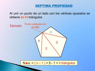 312CUARTA  PROPIEDADAl trazar diagonales desde un mismo vértice se obtiene (n-2) triángulosEjemplo:Ns. = ( n – 2 ) = 5 - 2 = 3triángulos