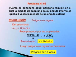2da. Propiedad1ra. Propiedad4ta. Propiedad3ra. PropiedadPROPIEDADES DE LOS POLÍGONOS REGULARESMedida de un ángulo exterior de un polígono regular o polígono equiángulo.Medida de un ángulo interior de un polígono regular o polígono equiángulo.Suma de las medidas de los ángulos centrales.Medida de un ángulo central de un polígono regular.Sc = 360°