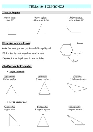 TEMA 10- POLIGONOS
Tipos de ángulos

 Ángulo recto:                     Ángulo agudo:          Ángulo obtuso:
   mide 90º                       mide menos de 90º       mide más de 90º




Elementos de un polígono:                                         Vértice

Lado: Son los segmentos que forman la línea poligonal.

Vértice: Son los puntos donde se unen los lados.                   Lado

Ángulos: Son los ángulos que forman los lados.
                                                             Ángulo

Clasificación de Triángulos:

    • Según sus lados;

  Equiláteros:                           Isósceles:            Escaleno:
3 lados iguales.                      2 lados iguales      3 lados desiguales




    • Según sus ángulos:

 Rectángulos:                         Acutángulos:        Obtusángulo:
1 ángulo recto                      3 ángulos agudos     1 ángulo obtuso
 