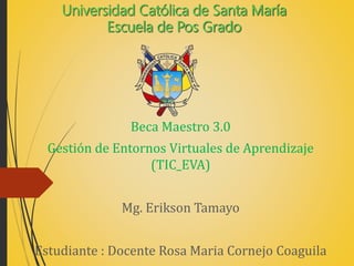Beca Maestro 3.0
Gestión de Entornos Virtuales de Aprendizaje
(TIC_EVA)
Mg. Erikson Tamayo
Estudiante : Docente Rosa Maria Cornejo Coaguila
 
