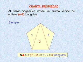 CUARTA PROPIEDAD
Al trazar diagonales desde un mismo vértice se
obtiene (n-2) triángulos
Ejemplo:
3
2
1
Ns. = ( n – 2 ) = 5 - 2 = 3 triángulos
 