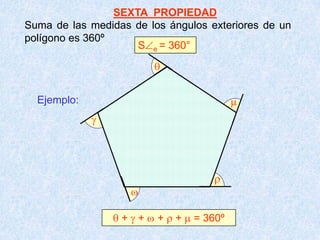 SEXTA PROPIEDAD
Suma de las medidas de los ángulos exteriores de un
polígono es 360º
S e = 360°
+ + + + = 360º
Ejemplo:
 