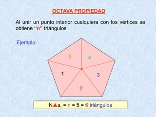 OCTAVA PROPIEDAD
Al unir un punto interior cualquiera con los vértices se
obtiene “n” triángulos
3
2
1
45
Ns. = n = 5 = 6 triángulos
Ejemplo:
 