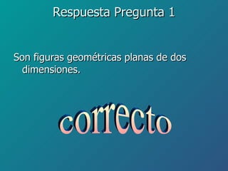 Respuesta Pregunta 1 Son figuras geométricas planas de dos dimensiones. correcto 