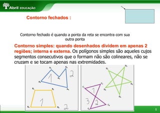 5
Contorno fechados :
Contorno fechado é quando a ponta da reta se encontra com sua
outra ponta
Contorno simples: quando desenhados dividem em apenas 2
regiões; interna e externa. Os polígonos simples são aqueles cujos
segmentos consecutivos que o formam não são colineares, não se
cruzam e se tocam apenas nas extremidades.
 