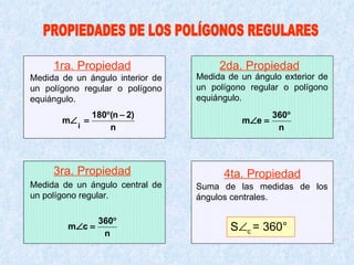 Suma de las medidas de los ángulos centrales. S  c  = 360° Medida de un ángulo interior de un polígono regular o polígono equiángulo. PROPIEDADES DE LOS POLÍGONOS REGULARES Medida de un ángulo exterior de un polígono regular o polígono equiángulo. Medida de un ángulo central de un polígono regular. 1ra. Propiedad 2da. Propiedad 3ra. Propiedad 4ta. Propiedad 