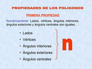 PRIMERA PROPIEDAD
Numéricamente: Lados, vértices, ángulos interiores,
ángulos exteriores y ángulos centrales son iguales.

         • Lados
         • Vértices
         • Ángulos interiores
         • Ángulos exteriores
         • Ángulos centrales
 