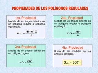 Suma de las medidas de los ángulos centrales. S  c  = 360° Medida de un ángulo interior de un polígono regular o polígono equiángulo. PROPIEDADES DE LOS POLÍGONOS REGULARES Medida de un ángulo exterior de un polígono regular o polígono equiángulo. Medida de un ángulo central de un polígono regular. 1ra. Propiedad 2da. Propiedad 3ra. Propiedad 4ta. Propiedad 