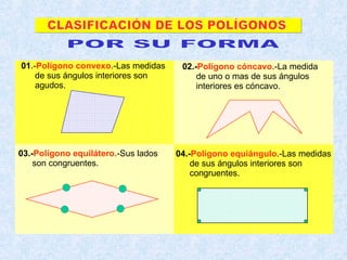 CLASIFICACIÓN DE LOS POLÍGONOS POR SU FORMA 01 .- Polígono convexo .-Las medidas de sus ángulos interiores son agudos. 02.- Polígono cóncavo .-La medida de uno o mas de sus ángulos interiores es cóncavo. 03.- Polígono equilátero .-Sus lados son congruentes. 04.- Polígono equiángulo .-Las medidas de sus ángulos interiores son congruentes. 