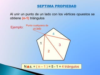 SEPTIMA PROPIEDAD
Al unir un punto de un lado con los vértices opuestos se
obtiene (n-1) triángulos
Ejemplo:
3
2
1
4
Ns. = ( n – 1 ) = 5 - 1 = 4 triángulos
Punto cualquiera de
un lado
 