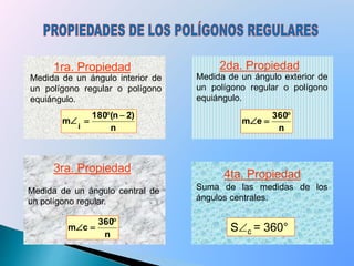 1ra. Propiedad 2da. Propiedad
3ra. Propiedad
4ta. Propiedad
Suma de las medidas de los
ángulos centrales.
Sc = 360°
Medida de un ángulo interior de
un polígono regular o polígono
equiángulo.
n
)2n(180
m
i


Medida de un ángulo exterior de
un polígono regular o polígono
equiángulo.
n
360
em


Medida de un ángulo central de
un polígono regular.
n
360
cm


 