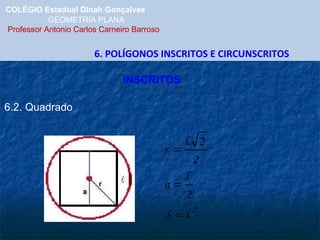 COLÉGIO Estadual Dinah Gonçalves GEOMETRIA PLANA  Professor Antonio Carlos Carneiro Barroso 6. POLÍGONOS INSCRITOS E CIRCUNSCRITOS 6.2. Quadrado INSCRITOS 