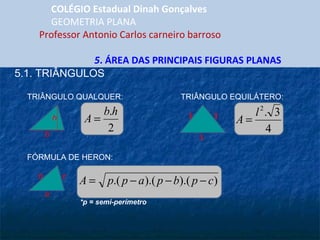 COLÉGIO Estadual Dinah Gonçalves GEOMETRIA PLANA  Professor Antonio Carlos carneiro barroso  5 . ÁREA DAS PRINCIPAIS FIGURAS PLANAS 5.1. TRIÂNGULOS TRIÂNGULO QUALQUER:  h b TRIÂNGULO EQUILÁTERO:  l l l FÓRMULA DE HERON: c b a *p = semi-perímetro 