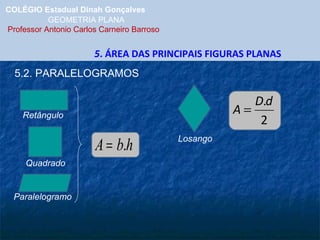 COLÉGIO Estadual Dinah Gonçalves GEOMETRIA PLANA  Professor Antonio Carlos Carneiro Barroso 5 . ÁREA DAS PRINCIPAIS FIGURAS PLANAS 5.2. PARALELOGRAMOS Retângulo Quadrado Paralelogramo Losango 