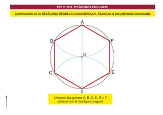 Construcción de un HEXÁGONO REGULAR CONOCIENDO EL RADIO de la circunferencia circunscrita
O
D
A
E
B F
C
DUniendo los puntos A, B, C, D, E y F
obtenemos el hexágono regular
EPV 3º ESO. POLÍGONOS REGULARES
 
