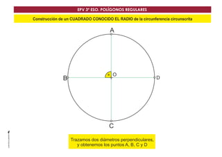 O
D
A
B
C
Construcción de un CUADRADO CONOCIDO EL RADIO de la circunferencia circunscrita
DTrazamos dos diámetros perpendiculares,
y obtenemos los puntos A, B, C y D
EPV 3º ESO. POLÍGONOS REGULARES
 