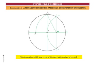 O
A
1M
P
Construcción de un PENTÁGONO CONOCIDO EL RADIO DE LA CIRCUNFERENCIA CIRCUNSCRITA
DTrazamos el arco MA, que corta al diámetro horizontal en el punto P
EPV 3º ESO. POLÍGONOS REGULARES
 