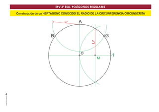 Construcción de un HEPTÁGONO CONOCIDO EL RADIO DE LA CIRCUNFERENCIA CIRCUNSCRITA
EPV 3º ESO. POLÍGONOS REGULARES
O
A
GB
1
M
L7
L7
 