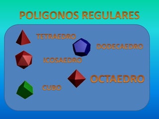 POLIGONOS REGULARES,[object Object],TETRAEDRO,[object Object],DODECAEDRO,[object Object],ICOSAEDRO,[object Object],OCTAEDRO,[object Object],CUBO,[object Object]