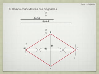Tema 2: Polígonos

8. Rombo conocidas las dos diagonales.


                   d1=55
                           d2=85



                                   A




                                   d1
           B                d2           D




                                   C
 