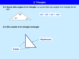 2. Triangles
2.3.-Suma dels angles d’un triangle: La suma dels tres angles d’un triangle és de
180º
95º
40º
45º
95º + 40º + 45º = 180º
2.4.-Els costats d’un triangle rectangle
Hipotenusa
Catets
 
