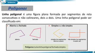 5
Linha poligonal é uma figura plana formada por segmentos de reta
consecutivos e não colineares, dois a dois. Uma linha poligonal pode ser
classificada em:
Polígonos
Polígonos
 