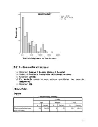 11 
2.3.1.3 - Como obter um box-plot 
a) Clicar em Graphs  Legacy diaogs  Boxplot; 
b) Selecione Simple  Summaries of separate variables; 
c) Clicar em Define; 
d) Em Variable selecionar uma variável quantitativa (por exemplo, Babymort); 
e) Clicar em OK. 
RESULTADO: 
Explore Case Processing Summary Cases Valid Missing Total N Percent N Percent N Percent Infant mortality (deaths per 1000 live births) 109 100,0% 0 ,0% 109 100,0% 
 