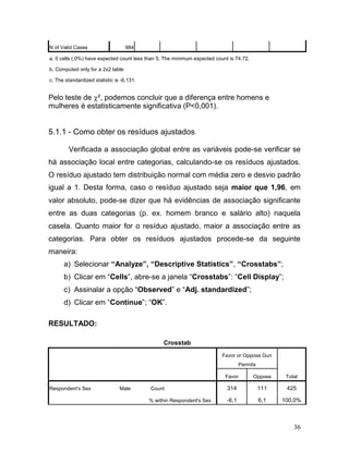 36 
N of Valid Cases 984 a. 0 cells (,0%) have expected count less than 5. The minimum expected count is 74,72. b. Computed only for a 2x2 table c. The standardized statistic is -6,131. 
Pelo teste de ², podemos concluir que a diferença entre homens e mulheres é estatisticamente significativa (P<0,001). 
5.1.1 - Como obter os resíduos ajustados 
Verificada a associação global entre as variáveis pode-se verificar se há associação local entre categorias, calculando-se os resíduos ajustados. O resíduo ajustado tem distribuição normal com média zero e desvio padrão igual a 1. Desta forma, caso o resíduo ajustado seja maior que 1,96, em valor absoluto, pode-se dizer que há evidências de associação significante entre as duas categorias (p. ex. homem branco e salário alto) naquela casela. Quanto maior for o resíduo ajustado, maior a associação entre as categorias. Para obter os resíduos ajustados procede-se da seguinte maneira: 
a) Selecionar “Analyze”, “Descriptive Statistics”, “Crosstabs”; 
b) Clicar em “Cells”, abre-se a janela “Crosstabs”: “Cell Display”; 
c) Assinalar a opção “Observed” e “Adj. standardized”; 
d) Clicar em “Continue”; “OK”. 
RESULTADO: 
Crosstab Favor or Oppose Gun Permits Total Favor Oppose Respondent's Sex Male Count 314 111 425 % within Respondent's Sex -6,1 6,1 100,0%  