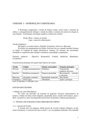 UNIDADE I – INTRODUÇÃO À HISTOLOGIA

        A Histologia compreende o estudo da função celular, assim como a estrutura da
célula e, consequentemente abrange o estudo da célula e estrutura do tecido em relação às
suas funções. "Literalmente, histologia significa a ciência dos tecidos”.

               Grego: Histo = tramas ou tecidos
                      Logo = ramo do conhecimento

Tecidos Orgânicos:
      São quatro, os tecidos básicos: Epitelial, Conjuntivo, Nervoso e Muscular.
      Os tecidos são agrupamentos de células. Estes por sua vez, quando reunidos formam
os órgãos. O conjunto de órgãos denomina-se sistemas. Os sistemas são encontrados
formando os organismos que reunidos constituem comunidades e populações.

Sistemas orgânicos - Digestivo, Respiratório, Urinário, Endócrino, Reprodutor,
Circulatório.

Características principais dos quatro tipos básicos de tecidos:

Tecido        Células               Matriz extracelular           Funções principais
Nervoso       Longos prolongamentos Nenhuma                       Transmissão         de
                                                                  impulsos nervosos
Epitelial     Poliédricas justapostas     Pequena quantidade      Revestimento, secreção
                                                                  e absorção
Muscular      Alongadas contráteis        Quantidade moderada     Movimento
Conjuntivo    Vários tipos                Abundante               Apoio e proteção
Fonte: JUNQUEIRA e CARNEIRO, 2004.



ESTUDO DOS TECIDOS

1. Preparo de cortes Histológicos:
       Os cortes são derivados da remoção de pequenas amostras representativas de
tecidos, cortadas em fatias muito delgadas, apropriadas para o estudo microscópico, para o
M.O.; em geral os cortes são preparados pela técnica de parafina ( lâminas permanentes).

1.1. TÉCNICA DE PARAFINA PARA PREPARO DE CORTES

1.1.1. Amostra de Tecido:
        A amostra deve ser pequena, obtida através de excisão cirúrgica (biópsia), ou pós
morte (necropsia). A amostra não deve exceder 1 cm, em qualquer dimensão. Este tamanho


                                                                                        2
 