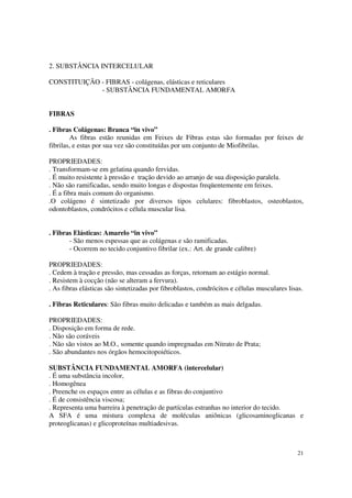 2. SUBSTÂNCIA INTERCELULAR

CONSTITUIÇÃO - FIBRAS - colágenas, elásticas e reticulares
             - SUBSTÂNCIA FUNDAMENTAL AMORFA


FIBRAS

. Fibras Colágenas: Branca “ïn vivo”
        As fibras estão reunidas em Feixes de Fibras estas são formadas por feixes de
fibrilas, e estas por sua vez são constituídas por um conjunto de Miofibrilas.

PROPRIEDADES:
. Transformam-se em gelatina quando fervidas.
. É muito resistente à pressão e tração devido ao arranjo de sua disposição paralela.
. Não são ramificadas, sendo muito longas e dispostas freqüentemente em feixes.
. É a fibra mais comum do organismo.
.O colágeno é sintetizado por diversos tipos celulares: fibroblastos, osteoblastos,
odontoblastos, condrócitos e célula muscular lisa.


. Fibras Elásticas: Amarelo “in vivo”
       - São menos espessas que as colágenas e são ramificadas.
       - Ocorrem no tecido conjuntivo fibrilar (ex.: Art. de grande calibre)

PROPRIEDADES:
. Cedem à tração e pressão, mas cessadas as forças, retornam ao estágio normal.
. Resistem à cocção (não se alteram a fervura).
. As fibras elásticas são sintetizadas por fibroblastos, condrócitos e células musculares lisas.

. Fibras Reticulares: São fibras muito delicadas e também as mais delgadas.

PROPRIEDADES:
. Disposição em forma de rede.
. Não são coráveis
. Não são vistos ao M.O., somente quando impregnadas em Nitrato de Prata;
. São abundantes nos órgãos hemocitopoiéticos.

SUBSTÂNCIA FUNDAMENTAL AMORFA (intercelular)
. É uma substância incolor,
. Homogênea
. Preenche os espaços entre as células e as fibras do conjuntivo
. É de consistência viscosa;
. Representa uma barreira à penetração de partículas estranhas no interior do tecido.
A SFA é uma mistura complexa de moléculas aniônicas (glicosaminoglicanas e
proteoglicanas) e glicoproteínas multiadesivas.



                                                                                              21
 