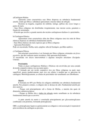 a)Cartilagem Hialina
        Apresenta como característica suas fibras dispersas na substância fundamental
amorfa, sendo que fibras e substância apresentam o mesmo índice de refração.
        Ocorrem na traquéia, esqueleto do embrião, laringe, epífises dos ossos longos e
partes do nariz.
- Suas fibras colágenas são distribuídas irregularmente, mas mesmo assim, garantem a
função de sustentação.
- O tecido que envolve a grande maioria dos tecidos cartilaginosos hialinos é o pericôndrio.

b) Cartilagem Elástica
        Apresentam como característica além das fibras colágenas uma rica rede de fibras
elásticas dispersas na substância fundamental amorfa.
- Suas fibras elásticas são mais espessas que as fibras colágenas
- Apresenta Pericôndrio
Pode ser encontrada: Orelha, nariz, epiglote, tuba de Eustáquio, pavilhão auditivo.

c) Cartilagem Fibrosa
        Sua principal característica é ser formada por fibras colágenas orientadas em feixes
paralelos, que lhe conferem maior resistência. Não apresenta Pericôndrio
-É encontrada: nos discos intervertebrais e algumas inserções articulares (Escápula-
Umeral).

        Pericôndrio
        Todas as peças cartilaginosas Hialinas e Elásticas são envolvidas por uma camada
de tecido conjuntivo denso, (na sua maior parte).
        É formado por um tecido conjuntivo rico em fibras colágenas na parte mais
superficial, porem gradativamente mais rico em células à medida que se aproxima da
cartilagem. Morfologicamente, as células do pericôndrio são semelhantes aos fibroblastos.


       Matriz
       É formada em 40% por fibrilas de colágeno embebidas em substância fundamental
amorfa. Nos preparos comuns, o colágeno não se destaca da subs. Fundamental amorfa por
dois motivos.
       - Porque está principalmente sob a forma de fibrilas, a maioria das quais de
dimensões submicroscópicas.
       - Porque as fibrilas têm o índice de refração muito semelhante ao da substância
fundamental amorfa que as envolve.

      A parte amorfa da matriz é constituída principalmente por glicosaminoglicanas
combinadas com proteínas, formando proteoglicanas.

OBS. as proteoglicanas ligam-se quimicamente ao colágeno e está associação é responsável
pela resistência da cartilagem as pressões.




                                                                                         27
 