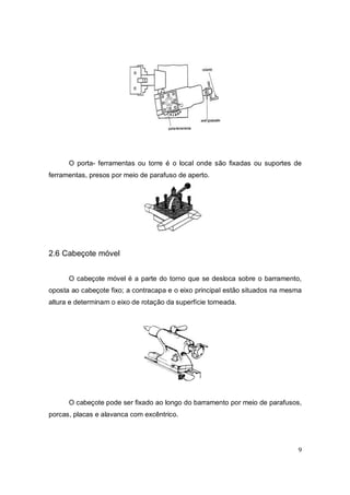 9
O porta- ferramentas ou torre é o local onde são fixadas ou suportes de
ferramentas, presos por meio de parafuso de aperto.
2.6 Cabeçote móvel
O cabeçote móvel é a parte do torno que se desloca sobre o barramento,
oposta ao cabeçote fixo; a contracapa e o eixo principal estão situados na mesma
altura e determinam o eixo de rotação da superfície torneada.
O cabeçote pode ser fixado ao longo do barramento por meio de parafusos,
porcas, placas e alavanca com excêntrico.
 