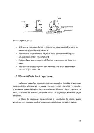 18
Conservação da placa:
 Ao trocar as castanhas, limpar o alojamento, a rosca espiral da placa, as
guias e os dentes de cada castanha.
 Desmontar e limpar todas as peças da placa quando houver alguma
anormalidade em seu funcionamento.
 Após qualquer desmontagem, lubrificar as engrenagens da placa com
graxa.
 Não lubrificar a rosca espiral e as castanhas para evitar aderência de
cavacos ou pós-abrasivos.
3.3 Placa de Castanhas Independentes
A placa de castanhas independentes é um acessório de máquina que serve
para possibilitar a fixação de peças com formato circular, prismático ou irregular,
por meio de aperto individual de suas castanhas. Algumas placas possuem, na
face, circunferências concêntricas que facilitam a centragem aproximada de peças
cilíndricas.
A placa de castanhas independentes é constituída de corpo, quatro
parafusos com chapa de ajuste e porca, quatro castanhas, e chave de aperto.
 