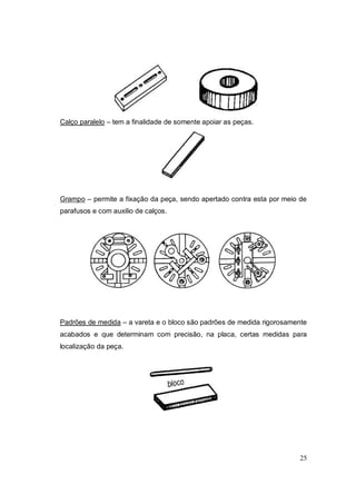 25
Calço paralelo – tem a finalidade de somente apoiar as peças.
Grampo – permite a fixação da peça, sendo apertado contra esta por meio de
parafusos e com auxilio de calços.
Padrões de medida – a vareta e o bloco são padrões de medida rigorosamente
acabados e que determinam com precisão, na placa, certas medidas para
localização da peça.
 