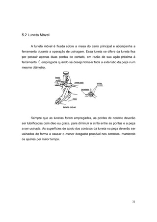 31
5.2 Luneta Móvel
A luneta móvel é fixada sobre a mesa do carro principal e acompanha a
ferramenta durante a operação de usinagem. Essa luneta se difere da luneta fixa
por possuir apenas duas pontas de contato, em razão de sua ação próxima à
ferramenta. É empregada quando se deseja tornear toda a extensão da peça num
mesmo diâmetro.
Sempre que as lunetas forem empregadas, as pontas de contato deverão
ser lubrificadas com óleo ou graxa, para diminuir o atrito entre as pontas e a peça
a ser usinada. As superfícies de apoio dos contatos da luneta na peça deverão ser
usinadas de forma a causar o menor desgaste possível nos contatos, mantendo
os ajustes por maior tempo.
 