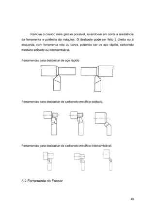 40
Remove o cavaco mais grosso possível, levando-se em conta a resistência
da ferramenta e potência da máquina. O desbaste pode ser feito á direita ou á
esquerda, com ferramenta reta ou curva, podendo ser de aço rápido, carboneto
metálico soldado ou intercambiável.
Ferramentas para desbastar de aço rápido
Ferramentas para desbastar de carboneto metálico soldado.
Ferramentas para desbastar de carboneto metálico intercambiável.
8.2 Ferramenta de Facear
 