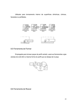43
Utilizada para torneamento interno de superfícies cilíndricas, cônicas,
faceadas ou perfiladas.
8.5 Ferramenta de Formar
Empregada para tornear peças de perfil variado; usam-se ferramentas cujas
arestas de corte têm a mesma forma do perfil que se deseja dar à peça.
8.6 Ferramenta de Roscar
 