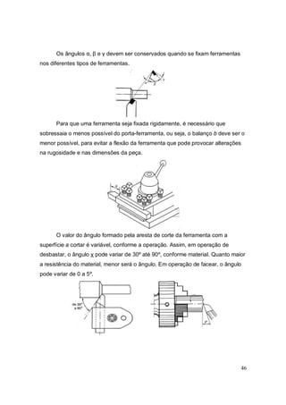 46
Os ângulos α, β e γ devem ser conservados quando se fixam ferramentas
nos diferentes tipos de ferramentas.
Para que uma ferramenta seja fixada rigidamente, é necessário que
sobressaia o menos possível do porta-ferramenta, ou seja, o balanço b deve ser o
menor possível, para evitar a flexão da ferramenta que pode provocar alterações
na rugosidade e nas dimensões da peça.
O valor do ângulo formado pela aresta de corte da ferramenta com a
superfície a cortar é variável, conforme a operação. Assim, em operação de
desbastar, o ângulo χ pode variar de 30º até 90º, conforme material. Quanto maior
a resistência do material, menor será o ângulo. Em operação de facear, o ângulo
pode variar de 0 a 5º.
 