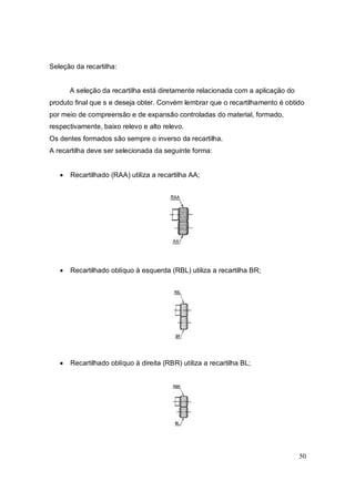 50
Seleção da recartilha:
A seleção da recartilha está diretamente relacionada com a aplicação do
produto final que s e deseja obter. Convém lembrar que o recartilhamento é obtido
por meio de compreensão e de expansão controladas do material, formado,
respectivamente, baixo relevo e alto relevo.
Os dentes formados são sempre o inverso da recartilha.
A recartilha deve ser selecionada da seguinte forma:
 Recartilhado (RAA) utiliza a recartilha AA;
 Recartilhado oblíquo à esquerda (RBL) utiliza a recartilha BR;
 Recartilhado oblíquo à direita (RBR) utiliza a recartilha BL;
 