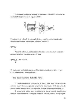 54
Consultando a tabela de tangente ou utilizando a calculadora, chega-se ao
resultado final aproximado do ângulo α: 1º25’.
Para determinar o ângulo de inclinação do carro superior para uma peça cuja
conicidade é dada em porcentagem, a fórmula utilizada é:
tgα = %
2
Aplicando a fórmula, o cálculo de inclinação α para tornear um cone com
conicidade de 25%, que equivale a 0,25, será:
tgα = 0,25 ..
. tgα = 0,125
2
Consultando a tabela de tangente ou utilizando a calculadora, percebe-se que
0,125 corresponde a um ângulo de 7º7’.
11.2 Desalinhamento de Contra Ponta
O desalinhamento da contraponta é usado para fazer roscas cônicas
externas e para tornear peças de comprimento maior que o limite de curso do
carro superior, porém com pouca conicidade, ou seja, até aproximadamente 10º.
O torneamento cônico com desalinhamento da contraponta consiste em
deslocar transversalmente o cabeçote móvel por meio de parafuso de regulagem;
 
