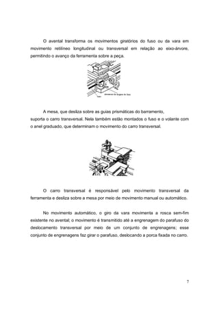 7
O avental transforma os movimentos giratórios do fuso ou da vara em
movimento retilíneo longitudinal ou transversal em relação ao eixo-árvore,
permitindo o avanço da ferramenta sobre a peça.
A mesa, que desliza sobre as guias prismáticas do barramento,
suporta o carro transversal. Nela também estão montados o fuso e o volante com
o anel graduado, que determinam o movimento do carro transversal.
O carro transversal é responsável pelo movimento transversal da
ferramenta e desliza sobre a mesa por meio de movimento manual ou automático.
No movimento automático, o giro da vara movimenta a rosca sem-fim
existente no avental; o movimento é transmitido até a engrenagem do parafuso do
deslocamento transversal por meio de um conjunto de engrenagens; esse
conjunto de engrenagens faz girar o parafuso, deslocando a porca fixada no carro.
 