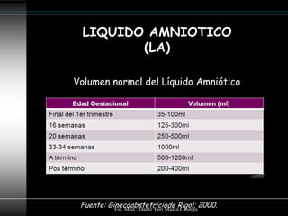 LIQUIDO AMNIOTICO
        (LA)

Volumen normal del Líquido Amniótico




 Fuente: Ginecoobstetriciade Rigol; 2000.
           Est. Med.: Dante Yuri Malca Chunga
 