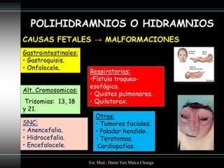 POLIHIDRAMNIOS O HIDRAMNIOS
CAUSAS FETALES → MALFORMACIONES
Gastrointestinales:
• Gastroquisis.
• Onfalocele.
                      Respiratorias:
                      •Fístula traqueo-
                      esofágica.
Alt. Cromosomicas:
                      • Quistes pulmonares.
 Trisomias: 13, 18    • Quilotorax.
y 21.
                         Otras:
SNC:                     • Tumores faciales.
• Anencefalia.           • Paladar hendido.
• Hidrocefalia.          • Teratomas.
• Encefalocele.           Cardiopatías.

                      Est. Med.: Dante Yuri Malca Chunga
 